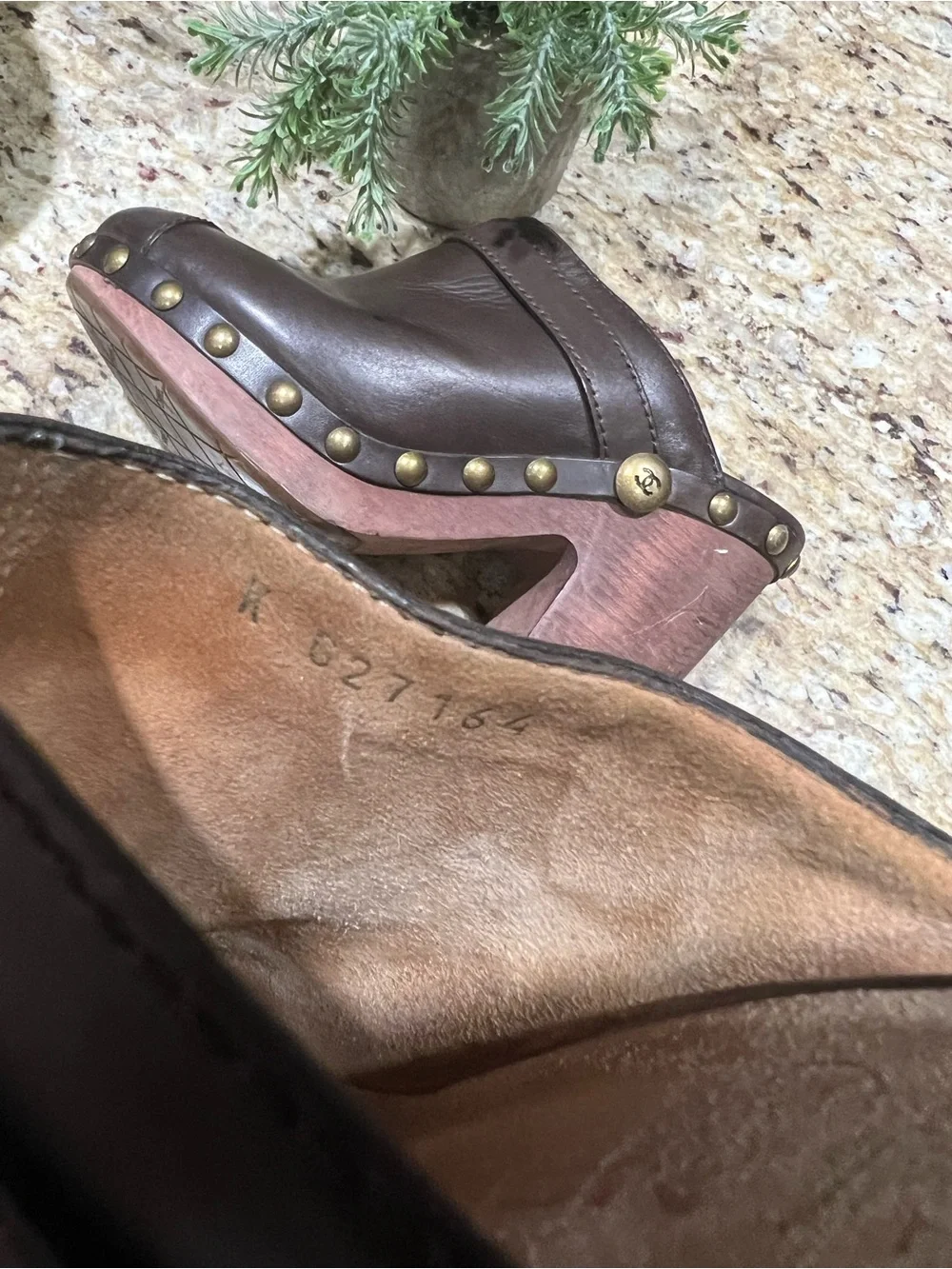 Chanel Brown Leather Interlocking CC Studded Platform Clog Mules 37.5